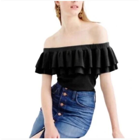 J CREW Black Ruffleneck Off The Shoulder Thick Blouse Top Large L - Picture 5 of 5